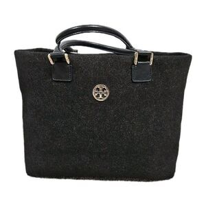 Tory Burch Ella Tote Felt Wool Leather Handbag Charcoal Gray Size Large
